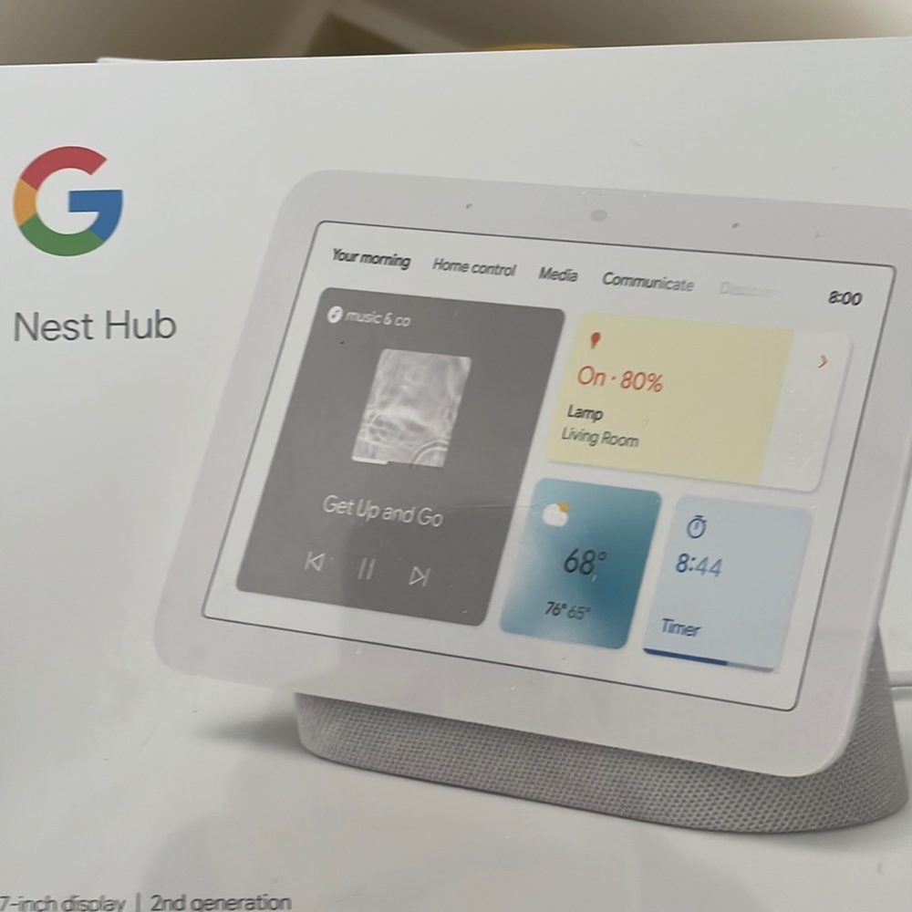 Box opened but new with sticker still on screen. Google Nest Hub. 2nd generation